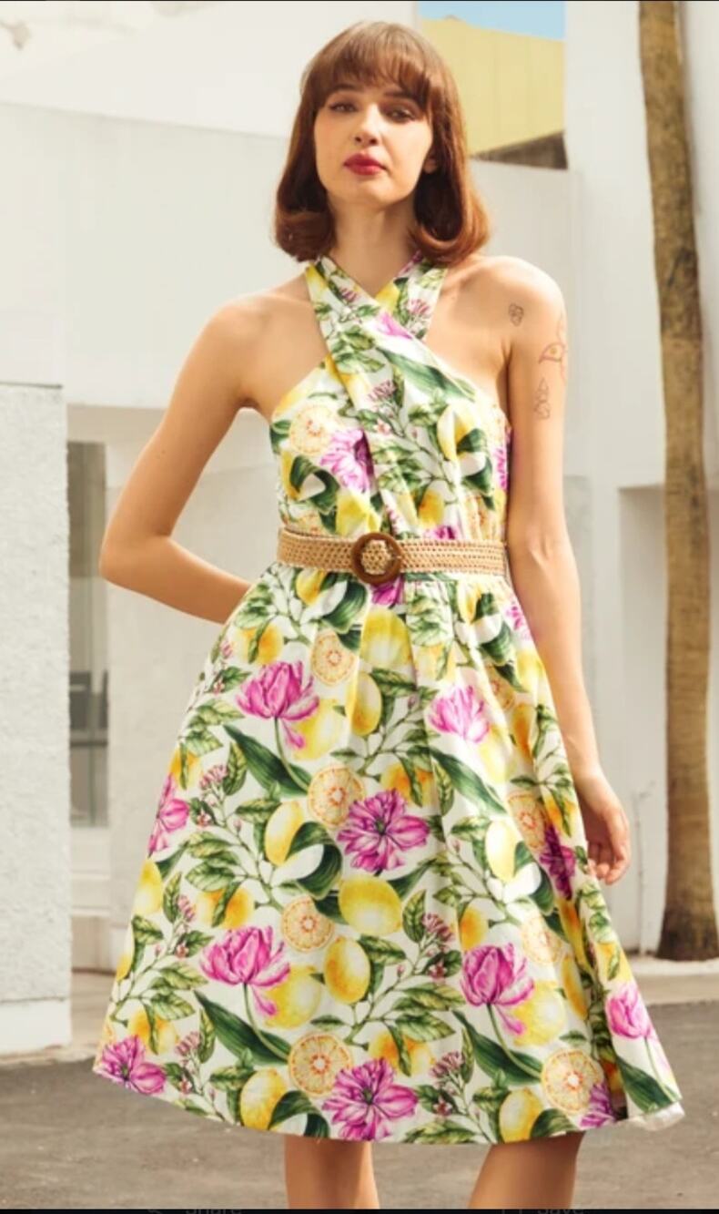 ModCloth Lemon Print Crisscross Halter Midi Fit And Flare Dress Medium Retro NWT